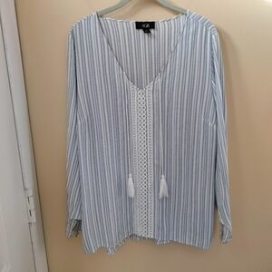 AGB Striped Blue White Long Sleeve Top Blouse High Low Hem XL Boho Vacation